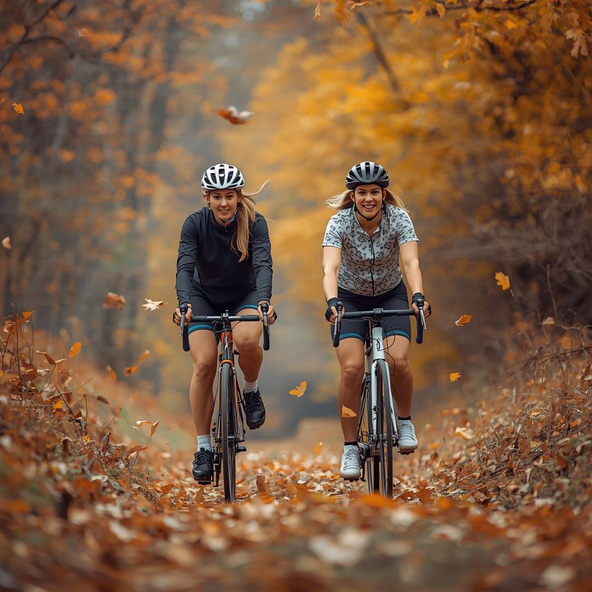 Deux femmes cyclistes dans un paysage automnal